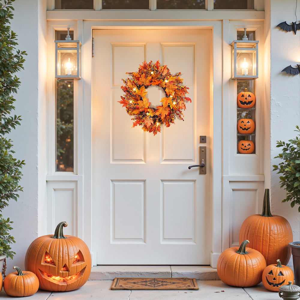 Lit autumn wreath on a white front door with pumpkins on the step
