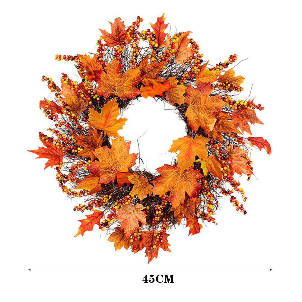 Maple leaf and berry wreath on white with a 45 cm width marked below