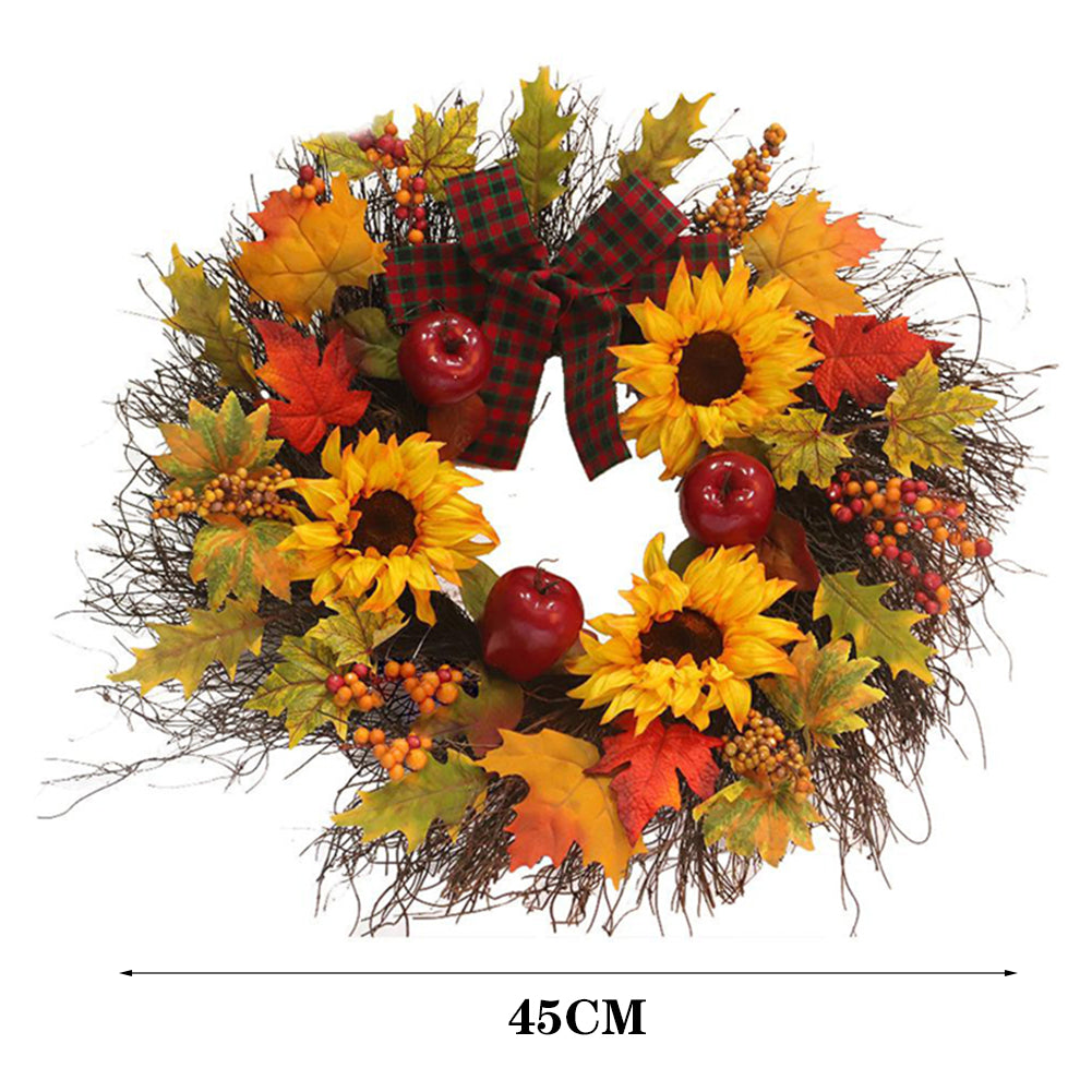 Sunflower and maple leaf wreath on white with a 45 cm width marked below