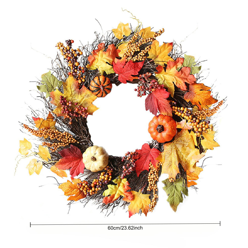 Autumn wreath on white with a line marking its 60 cm diameter