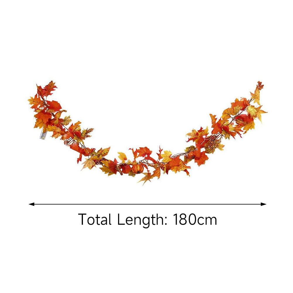 Maple leaf garland on white with a line marking its total length of 180 cm