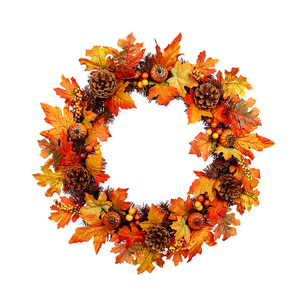 Round orange autumn wreath with maple leaves, pine cones, berry clusters and small pumpkins on white