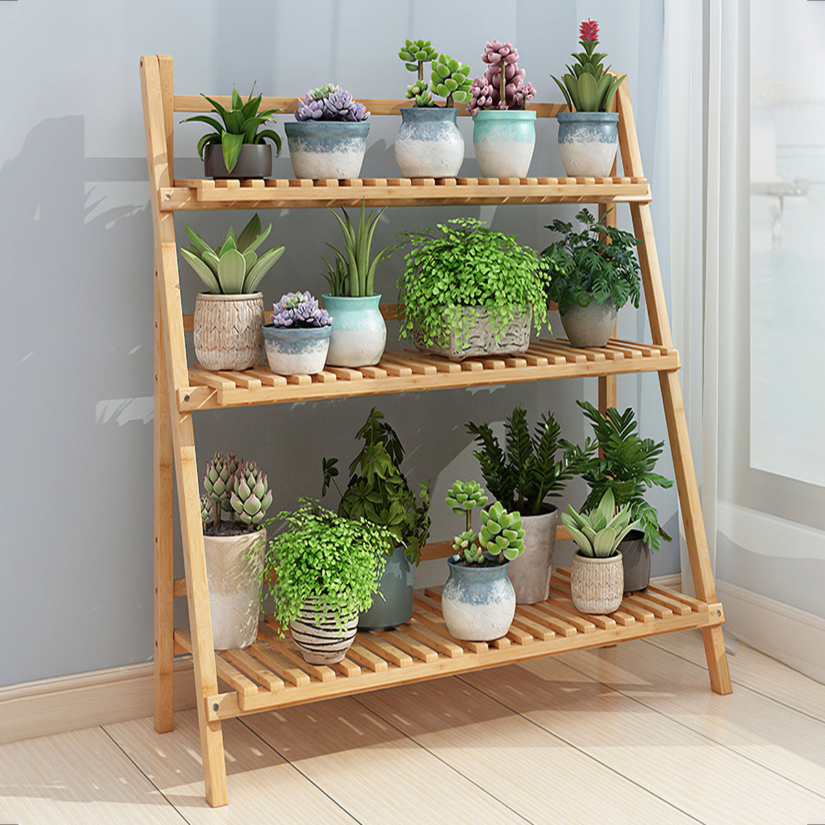 Natural wood stand with succulents and ferns by a window on a light floor