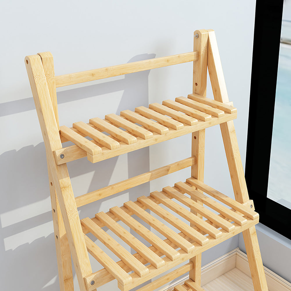 Close-up of the natural wood frame and two slatted shelves