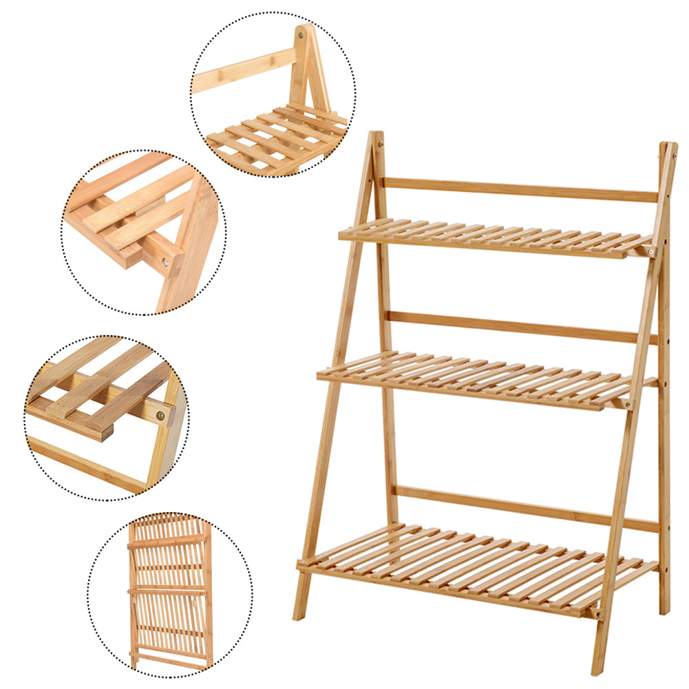 Empty natural ladder stand on white with close-ups of its folding joints