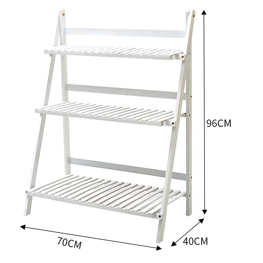 White ladder stand on white marked 70 cm wide, 40 cm deep and 96 cm tall