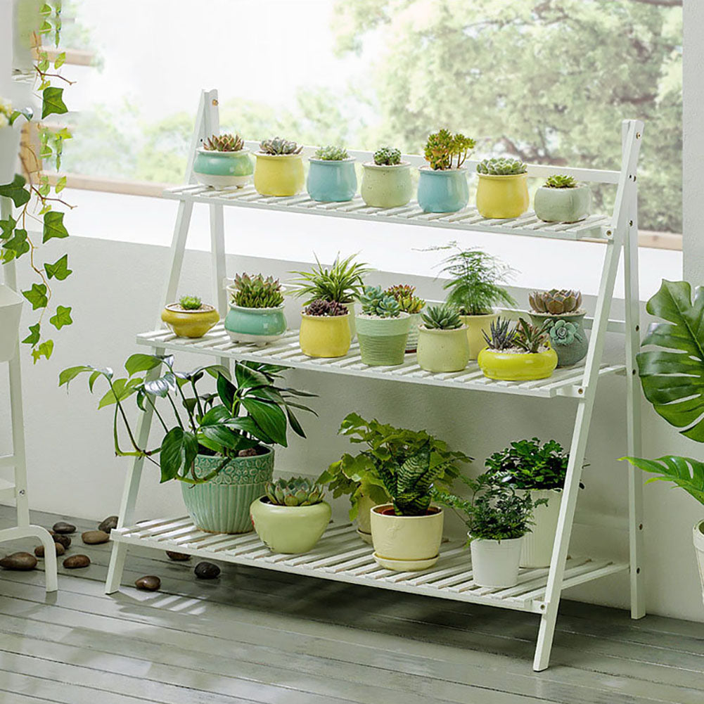 White ladder plant stand with pastel pots of succulents on a sunny balcony