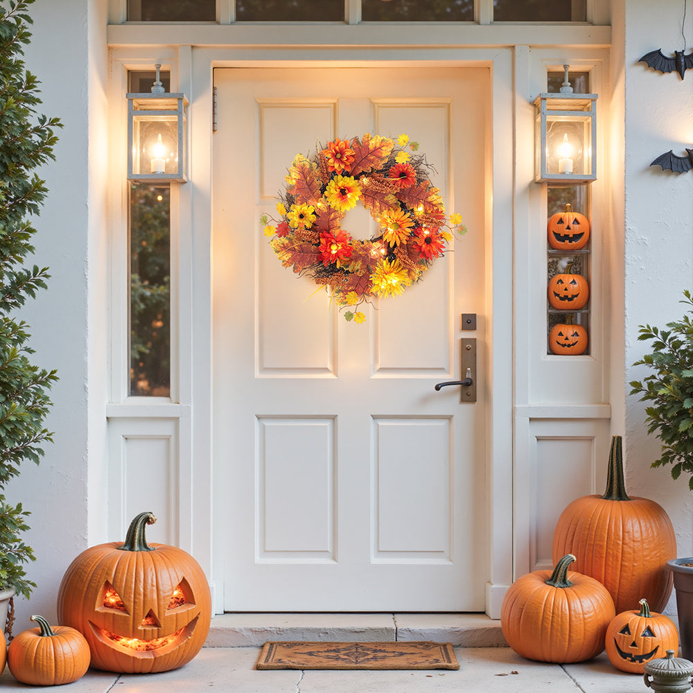 The daisy wreath on a white front door with carved pumpkins on the steps