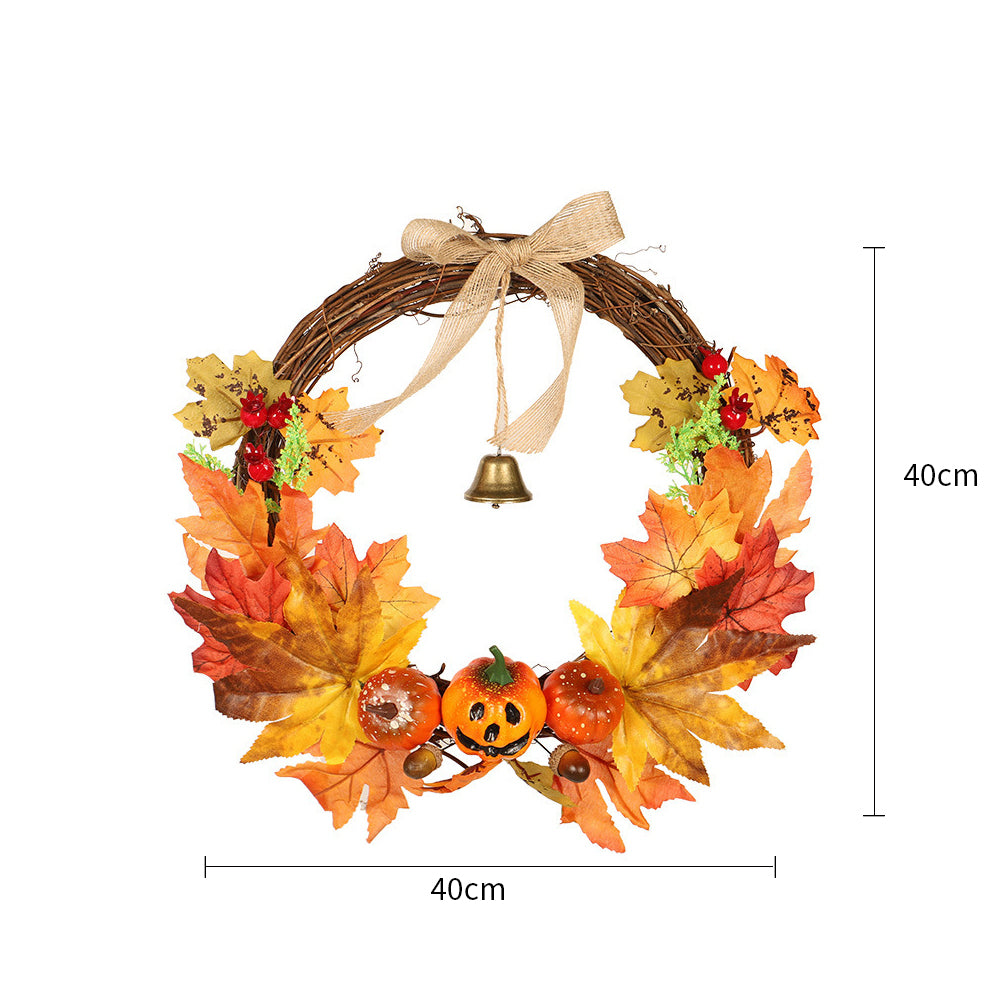 The harvest wreath on white with lines marking its 40 cm size