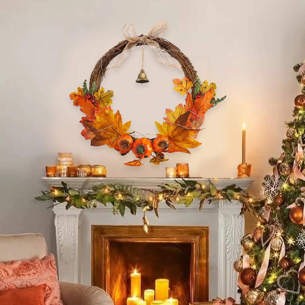 The harvest wreath above a fireplace shelf decorated with candles