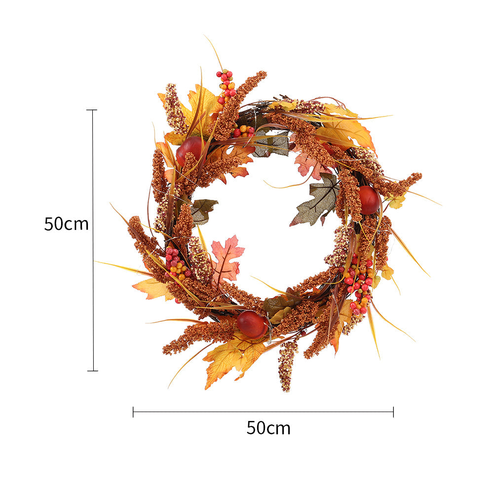 Autumn sorghum wreath on white marked 50 cm wide and 50 cm high