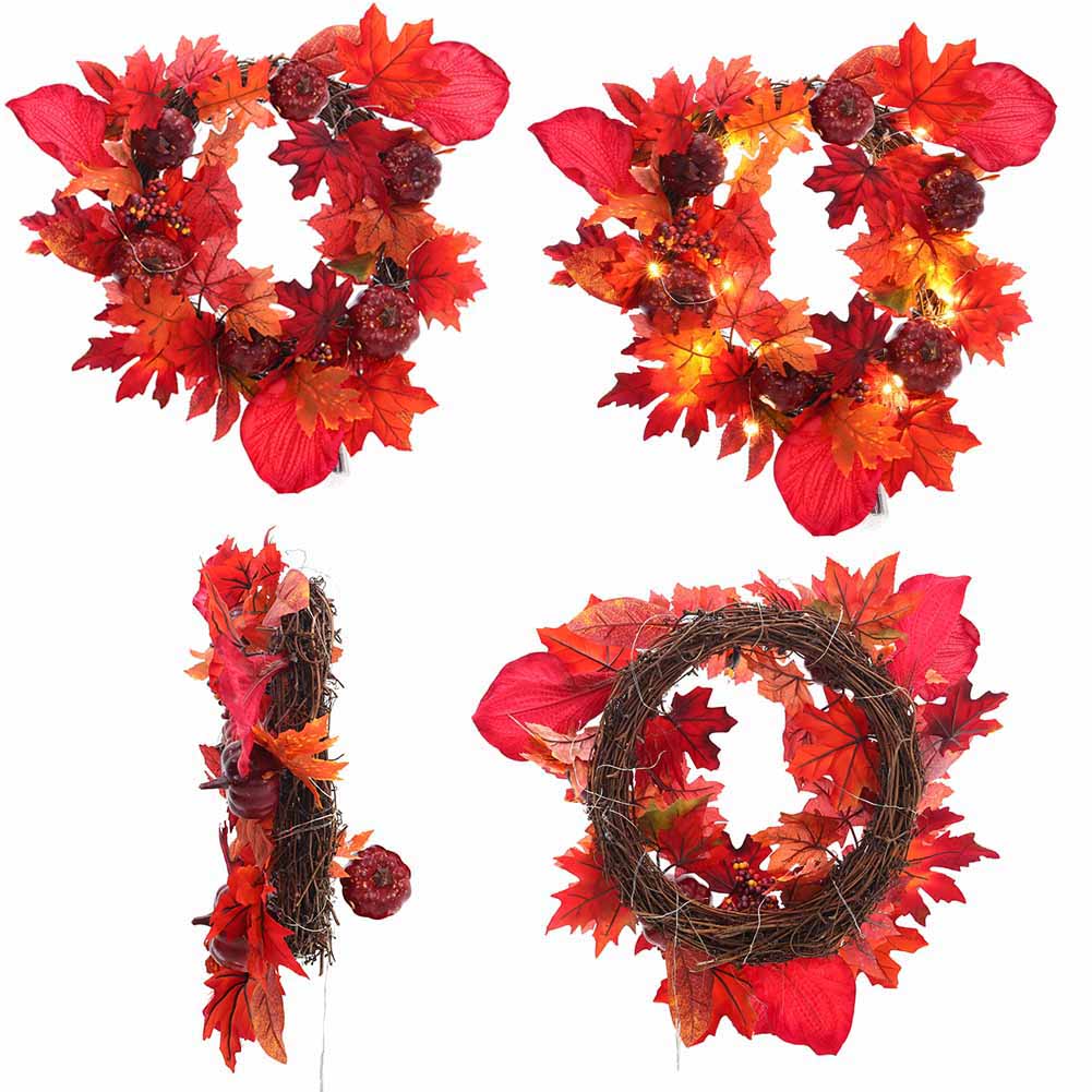 Four views of the red maple leaf wreath on white: front, front with lights on, side, and the twig ring from the back