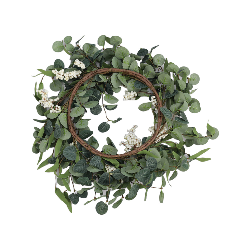 Back of the eucalyptus wreath on white, showing the brown twig ring the leaves are fixed to