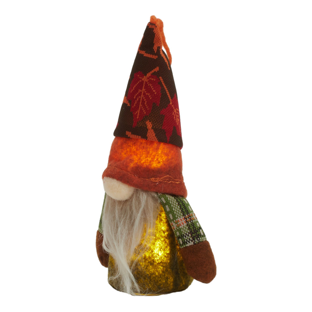 Autumn gnome with maple-leaf hat and glowing LED body on a white background