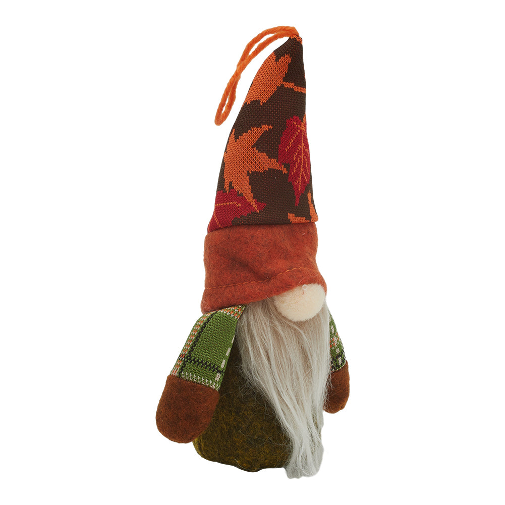 Side view of the fabric gnome with the hanging loop on the tip of its hat, on white