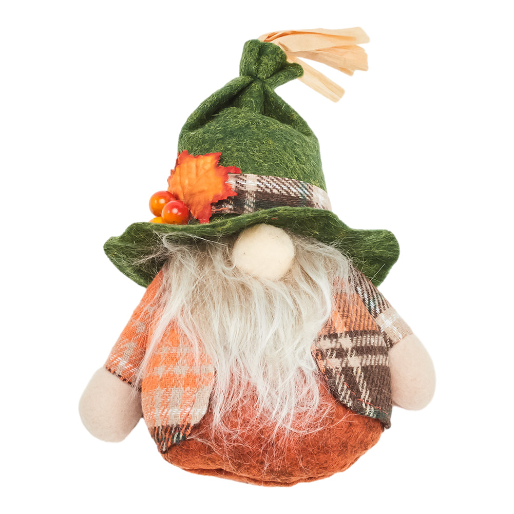 Green-hatted gnome with a maple leaf, berries and a raffia tuft, and an orange plaid body, on white