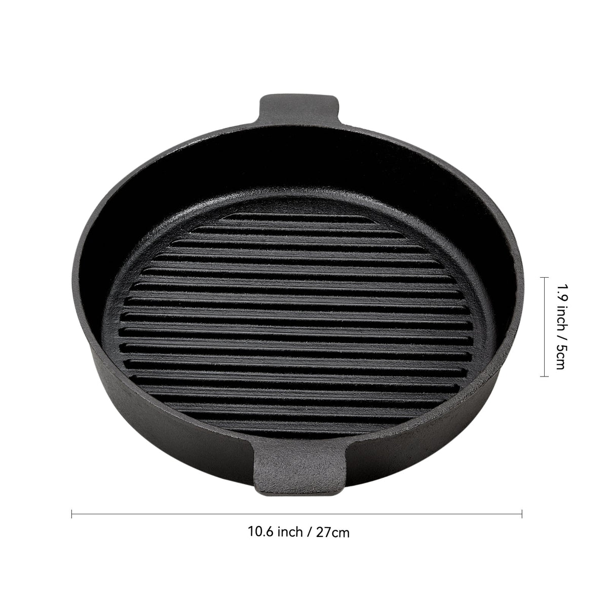 Larger grill pan on white marked 27 cm across and 5 cm deep