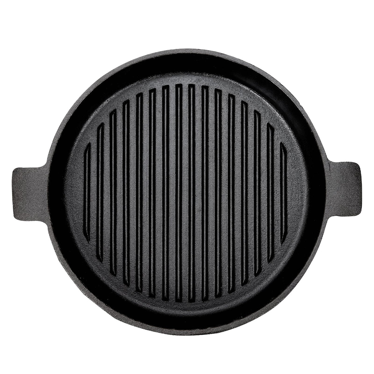 Top view of the round cast iron grill pan showing its straight raised ribs