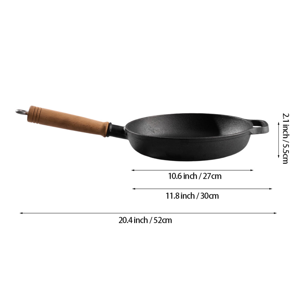 Side view of the skillet on white marked 27 cm base, 30 cm rim, 52 cm long and 5.5 cm high