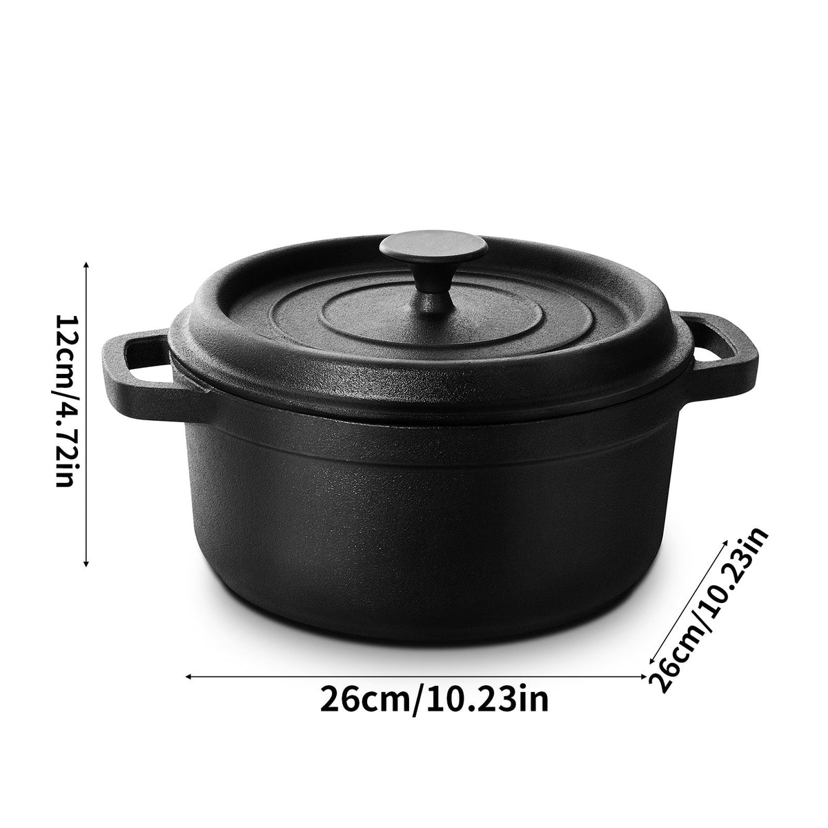 Cast iron Dutch oven with lid on white, marked 26 cm wide and 12 cm high
