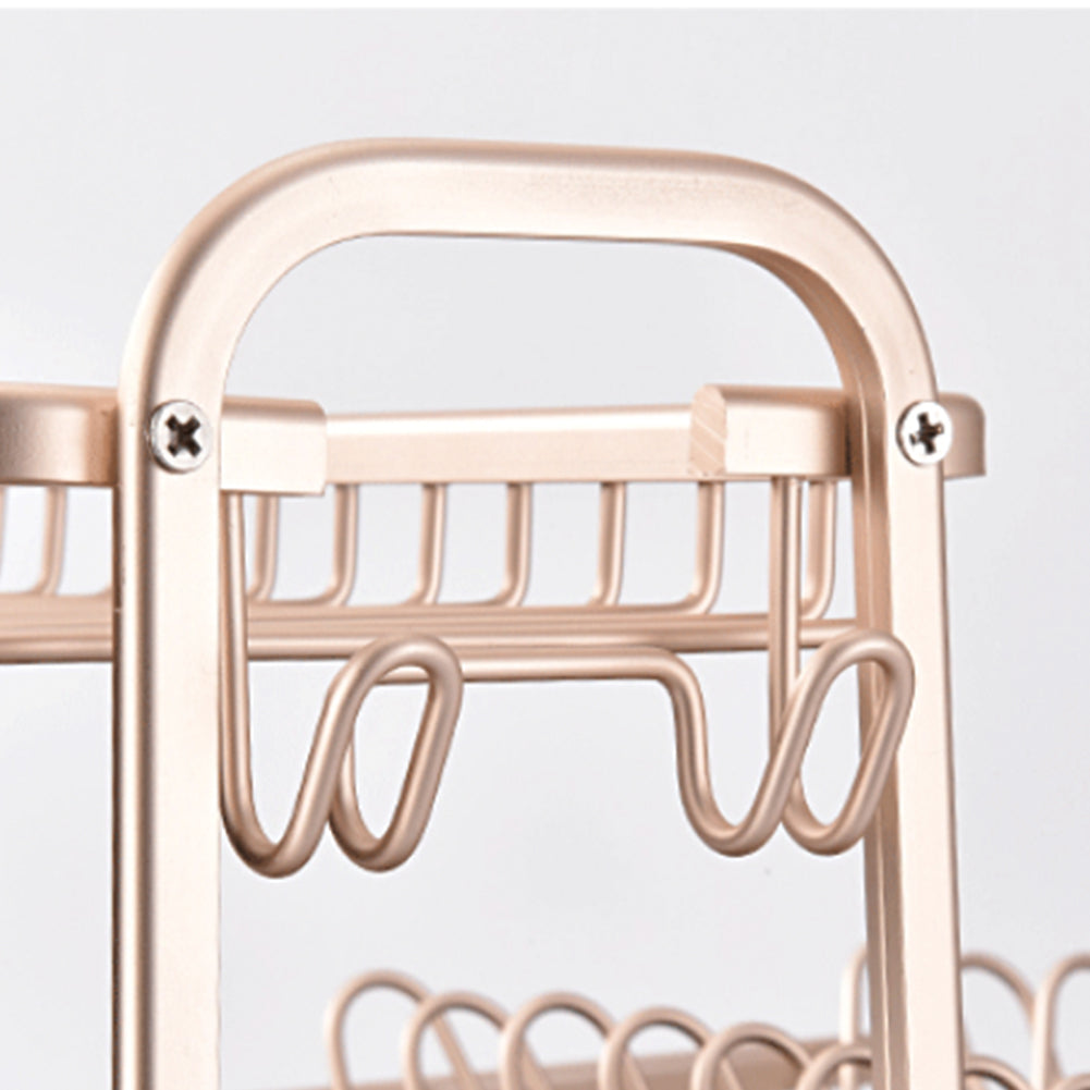 Close-up of the rose gold upright with two wire cup hooks and screws