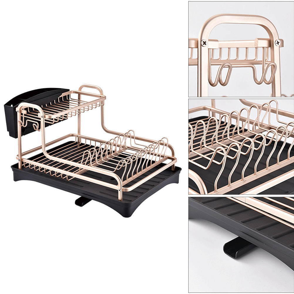 Empty dish rack on white with close-ups of the cup hooks, plate dividers and spout