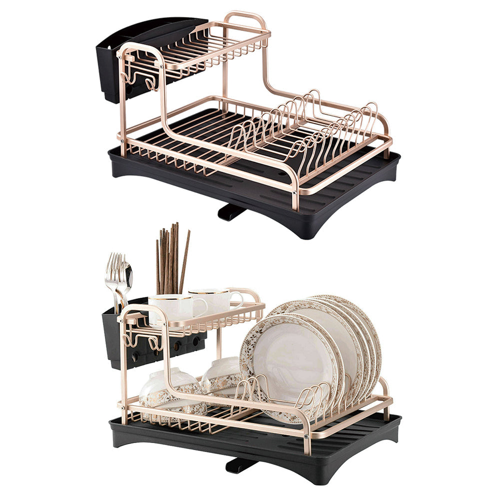 Rose gold dish rack shown empty and filled with plates and cups on white