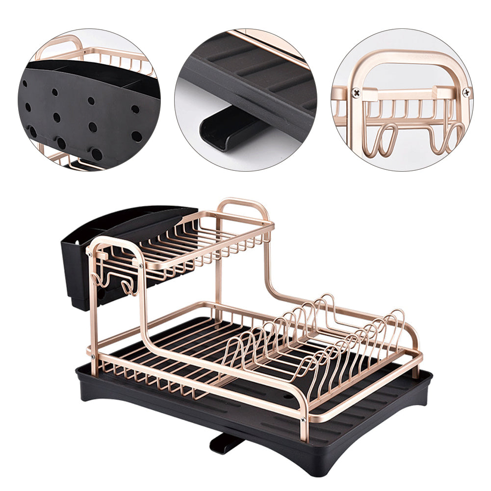 Empty two-tier dish rack on white with close-ups of the cutlery holder, spout and hooks