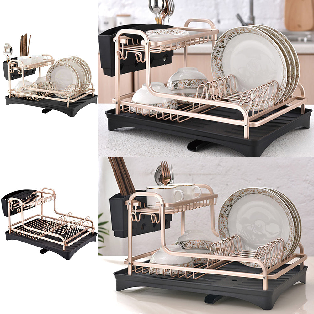 Four views of the rose gold dish rack, empty and filled, on white and on a worktop