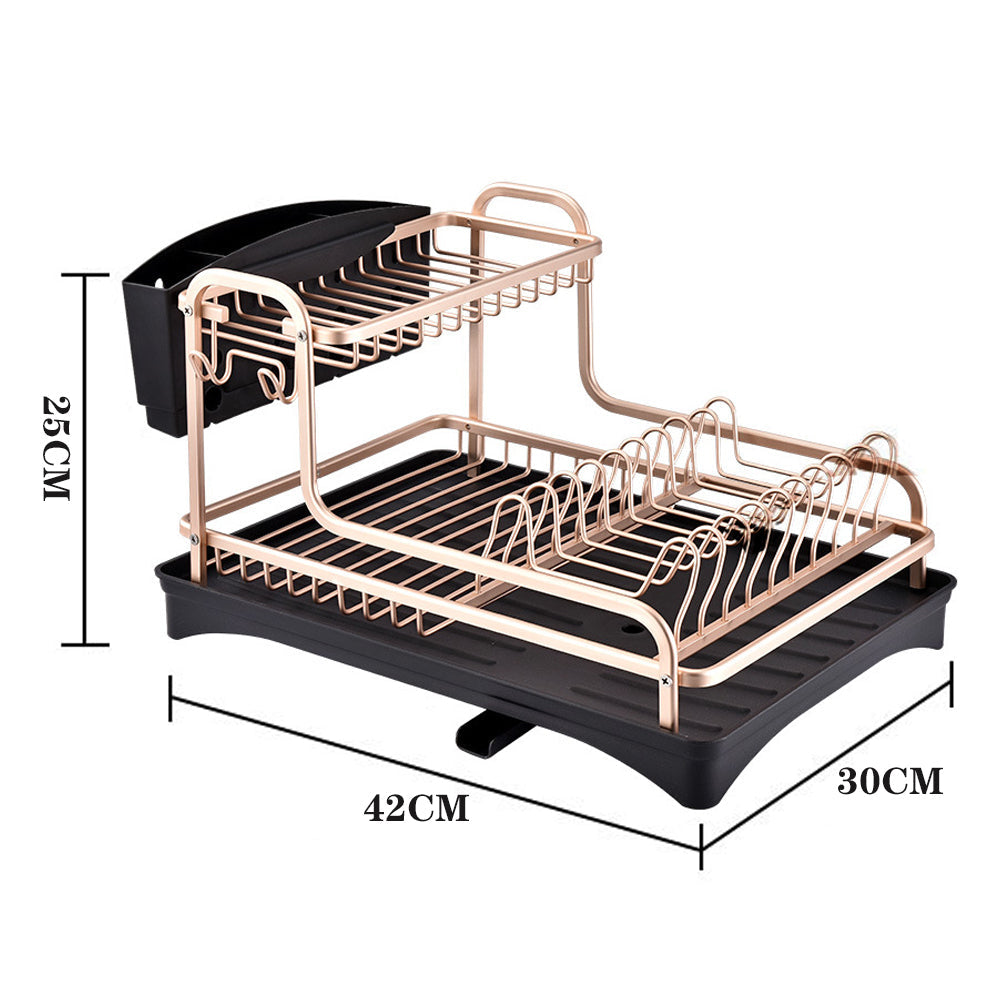 Dish rack on white marked 42 cm wide, 30 cm deep and 25 cm tall