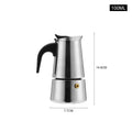 Stainless steel moka pot on white, 14.8 cm tall and 7.7 cm wide, 100 ml