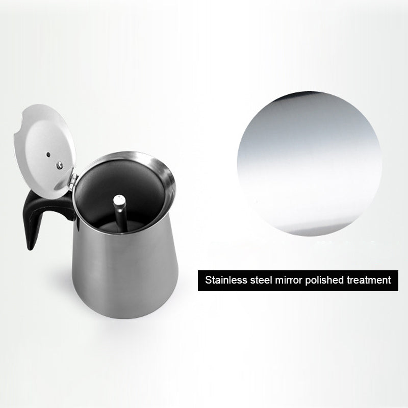 Moka pot with its lid flipped open showing the inside and central spout, beside a polished steel close-up