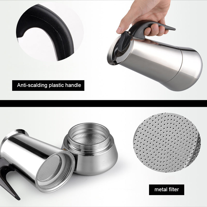 Details of the moka pot: the black plastic handle held in a hand, the parts, and the round metal filter