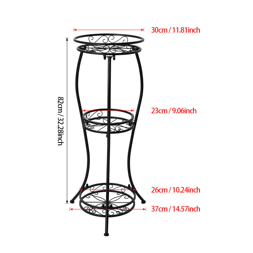 Iron plant stand on white marked 82 cm tall with 30, 23 and 26 cm tiers and a 37 cm base