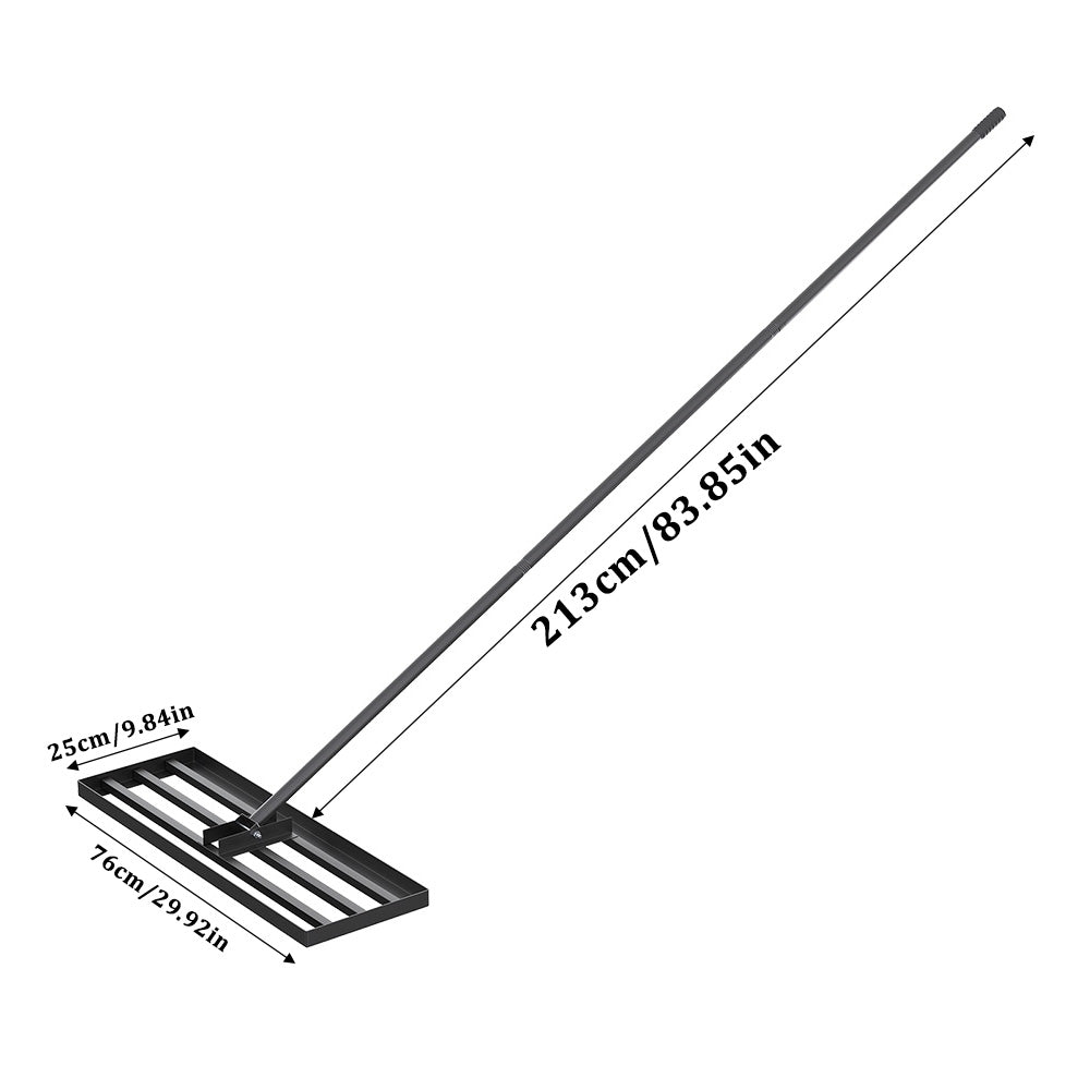 A dimension diagram on a white background showing the rake head at 76 cm wide and 25 cm deep with a straight 213 cm handle.