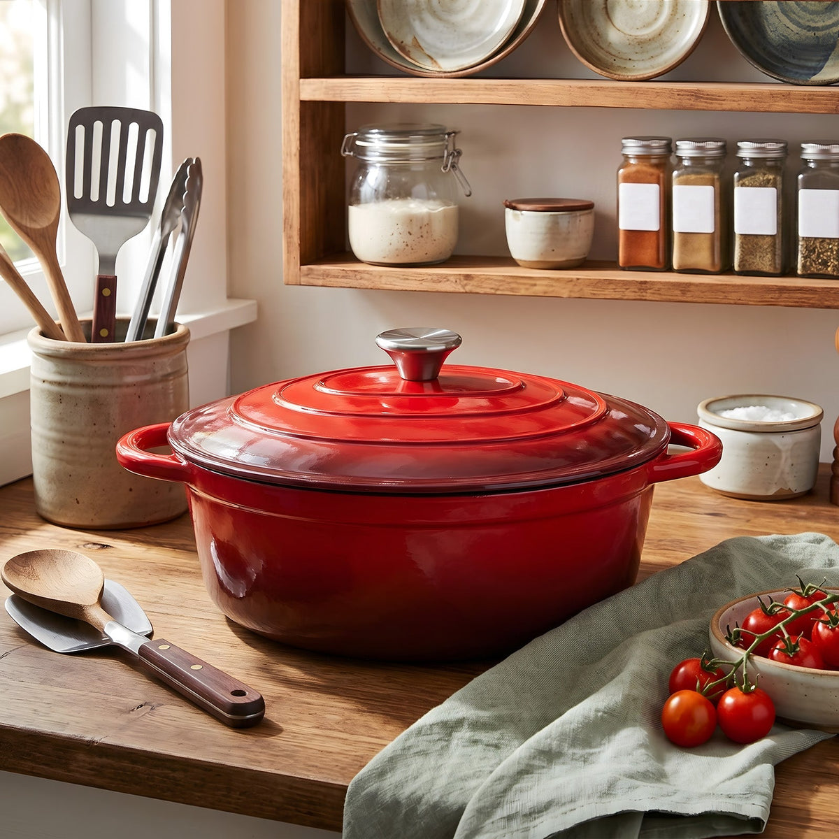 Red oval enamelled Dutch oven with its lid on, on a wooden kitchen worktop