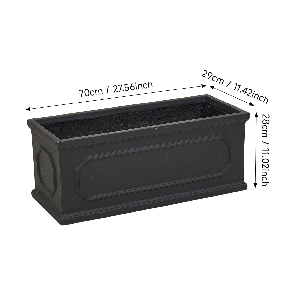 Black cement planter on white marked 70 cm long, 29 cm wide and 28 cm high