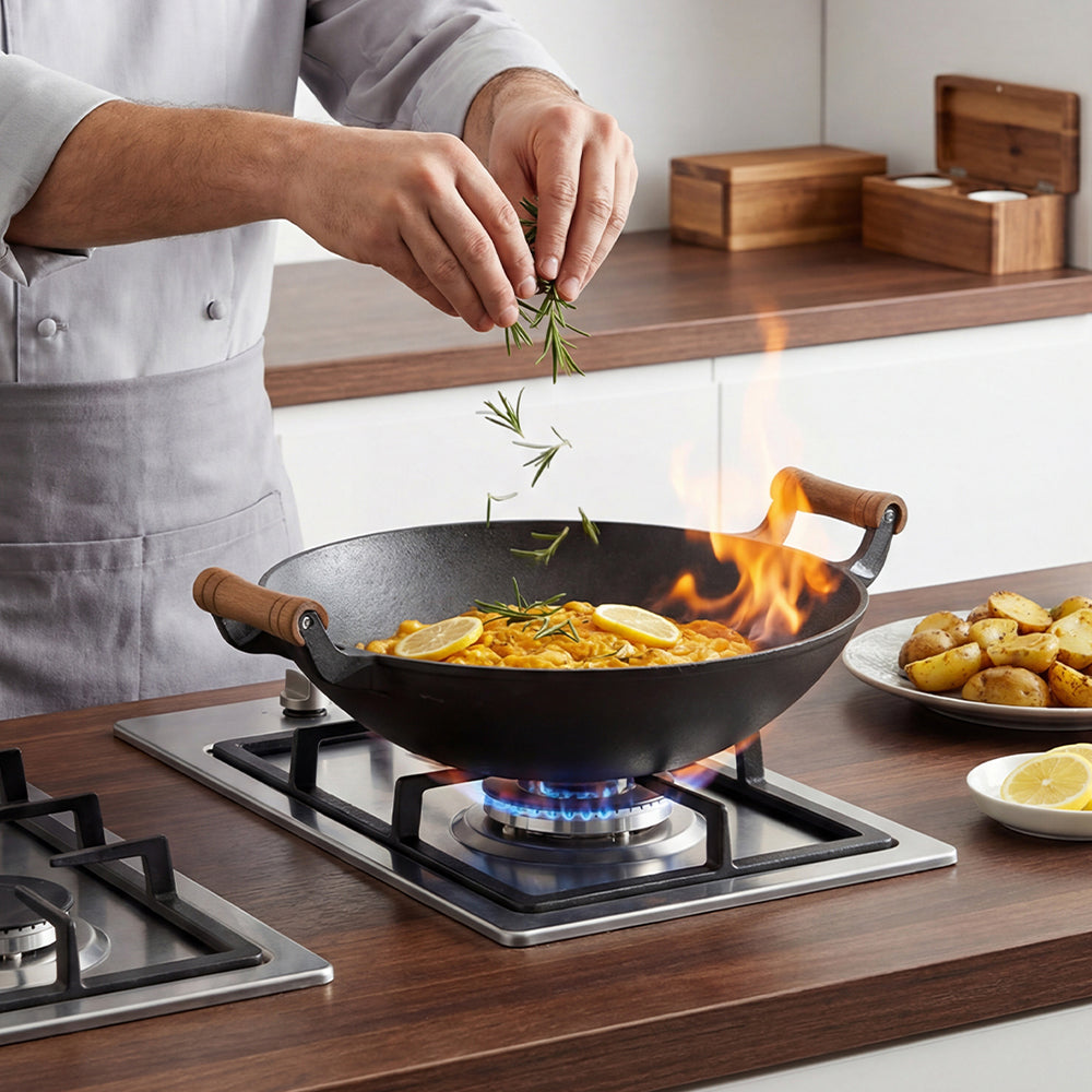 Cast iron wok on a gas hob with a flame at the rim while a cook sprinkles rosemary in