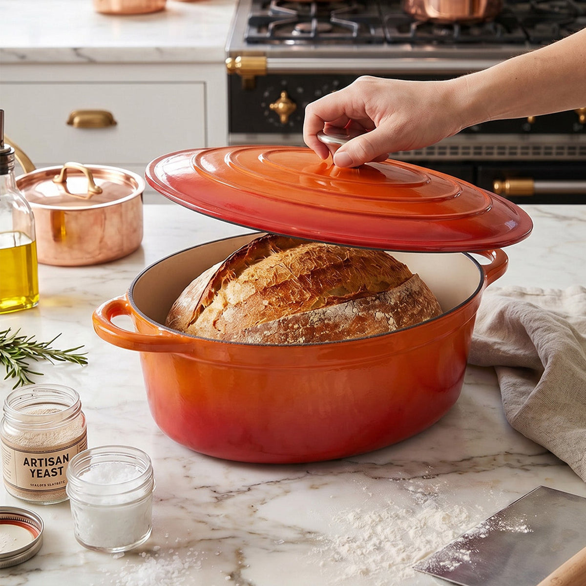Hand lifting the lid off the orange oval Dutch oven with a baked loaf inside on a floured worktop