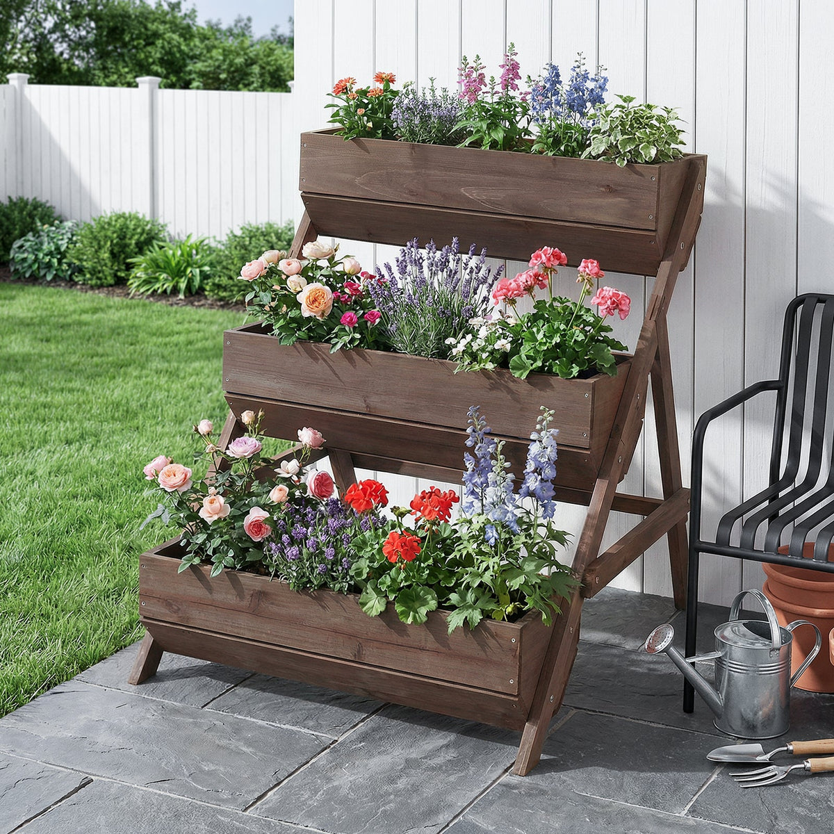 Brown three-tier wooden planter with flowers on grey paving by a white fence