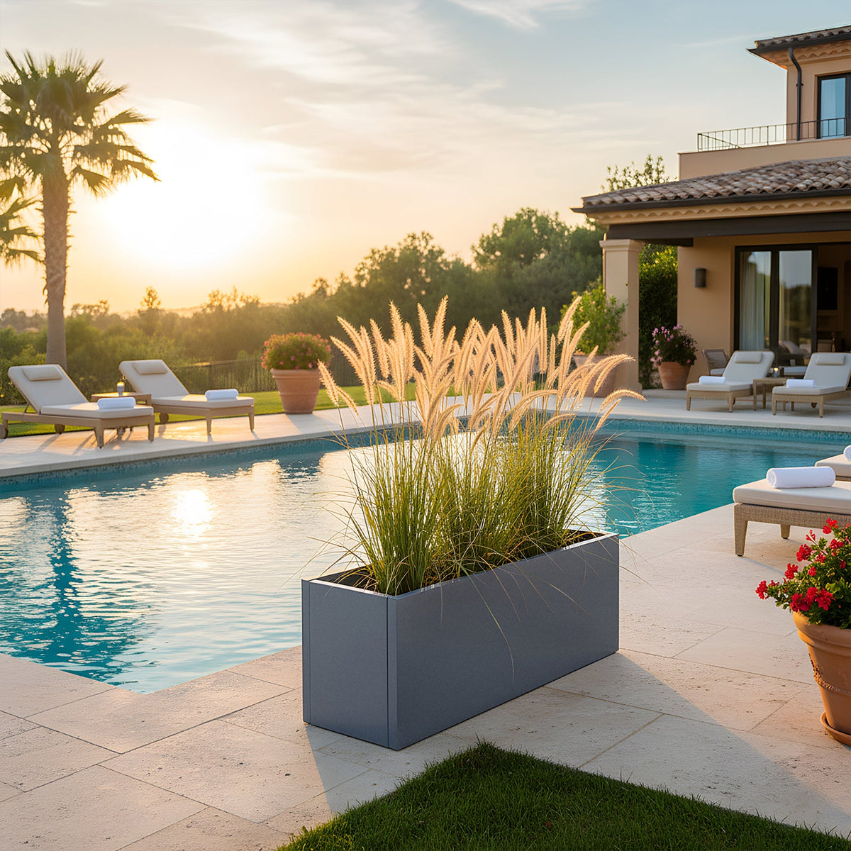 Grey metal planter with feather grass beside a swimming pool