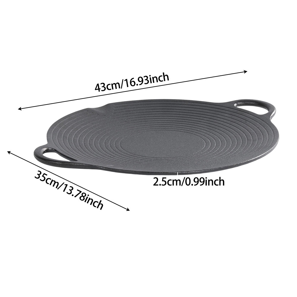 Cast iron grill pan on white, marked 35 cm across the pan, 43 cm with handles and 2.5 cm deep