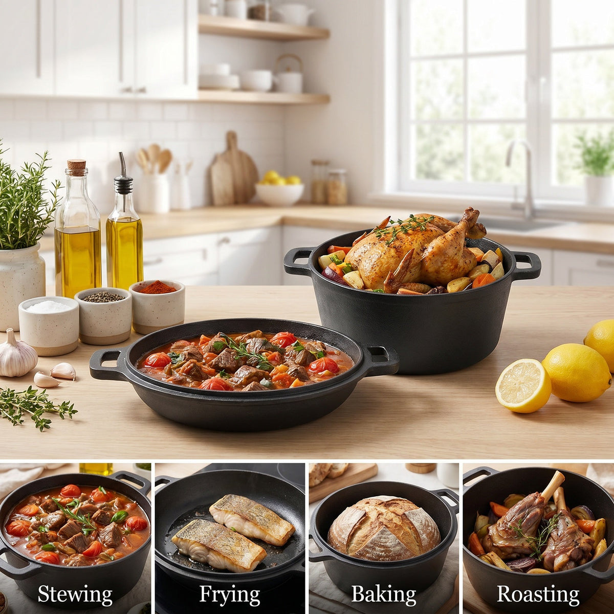Cast iron pot and lid-pan with roast chicken and stew, above small photos of stewing, frying, baking and roasting
