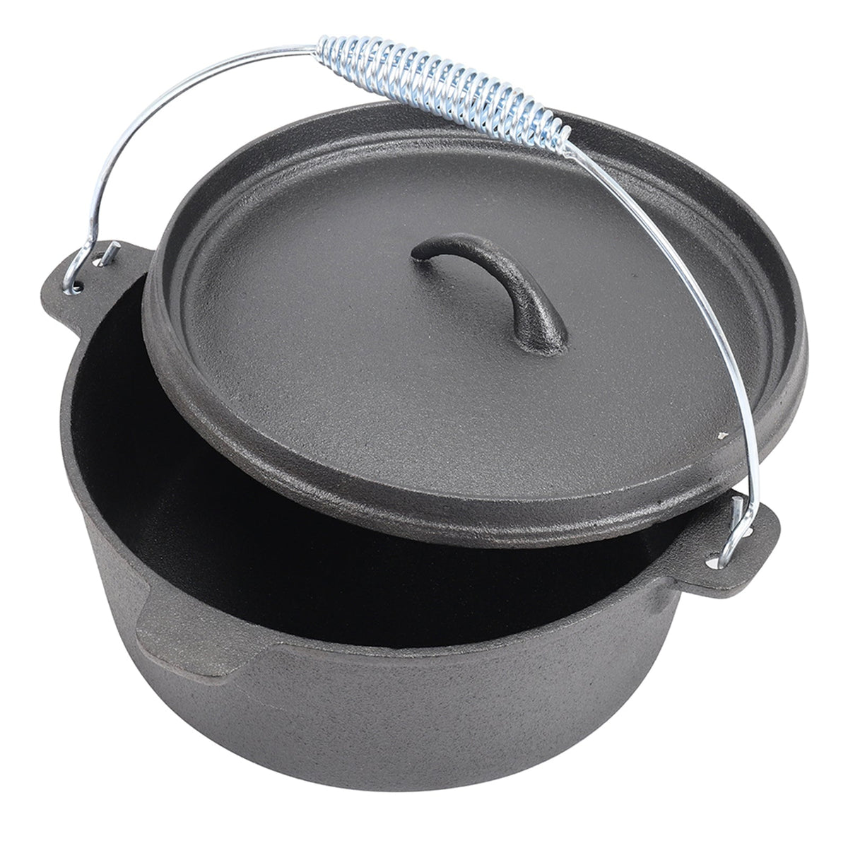Dark grey cast iron Dutch oven with its lid resting on top and the coiled bail handle raised