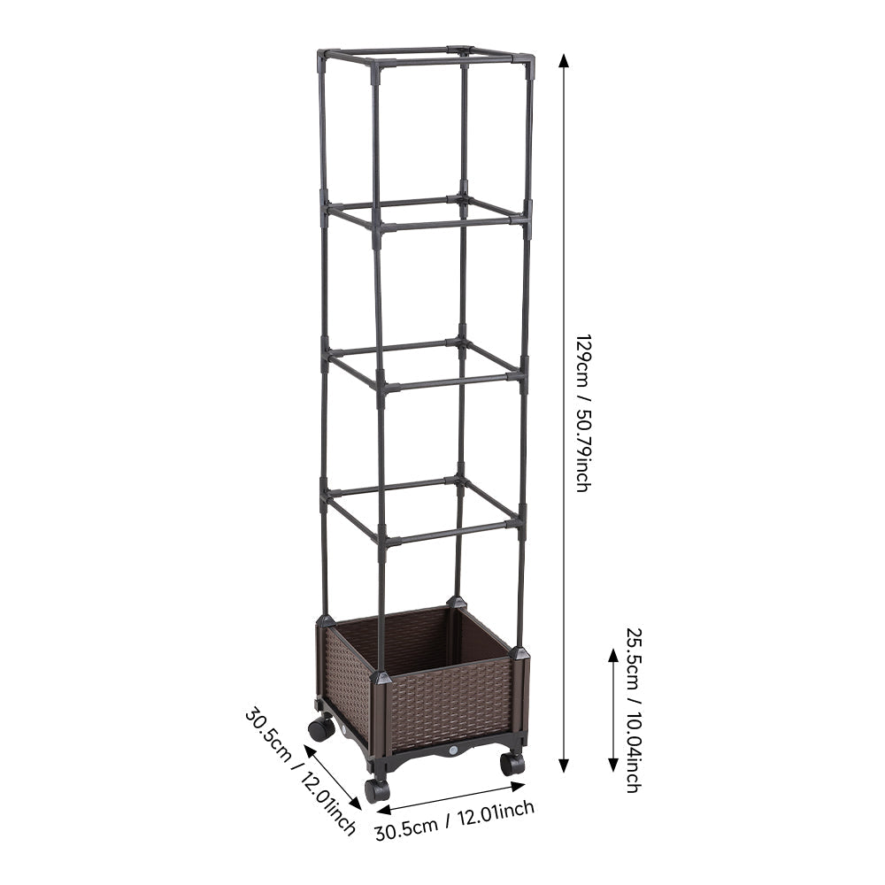 Planter with trellis on white, marked 129 cm tall, 25.5 cm box height and 30.5 cm square