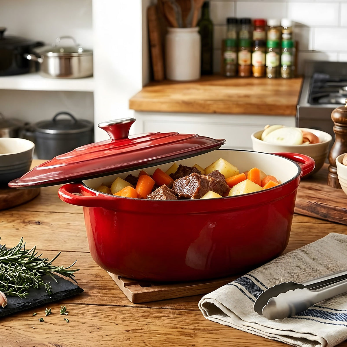 Red oval enamelled Dutch oven filled with beef and vegetable stew, lid set on its rim