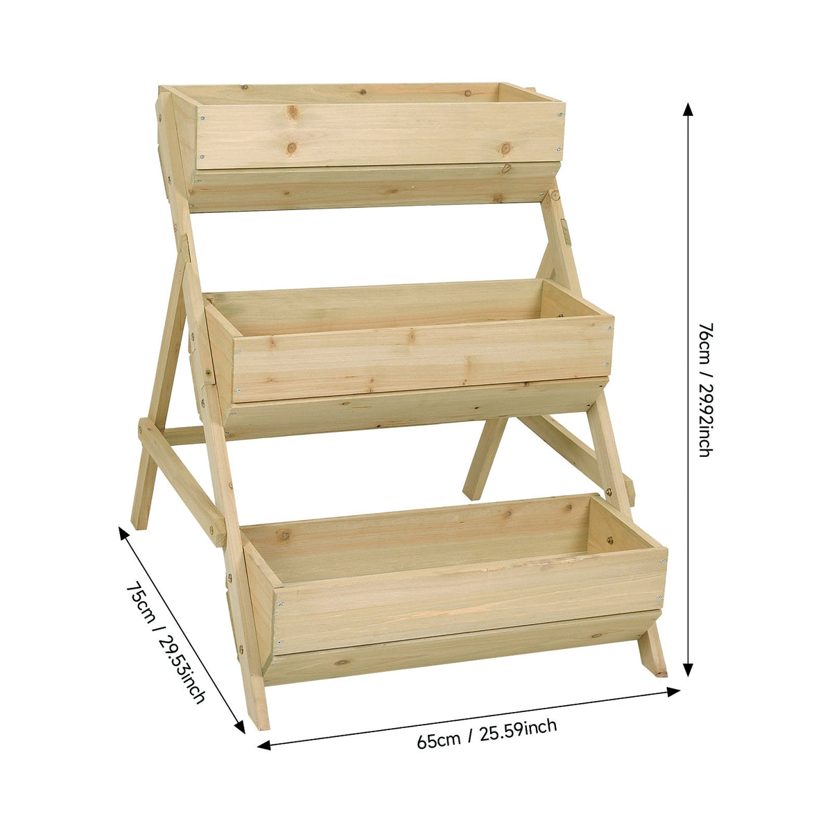 Natural wood three-tier planter on white, marked 65 cm wide, 75 cm deep and 76 cm high