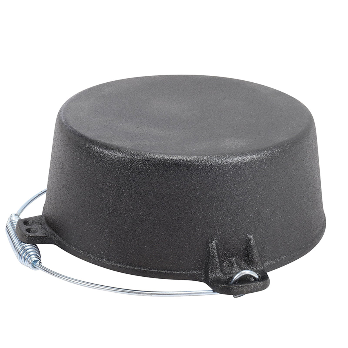 Cast iron Dutch oven upside down on white, showing its flat base and wire handle