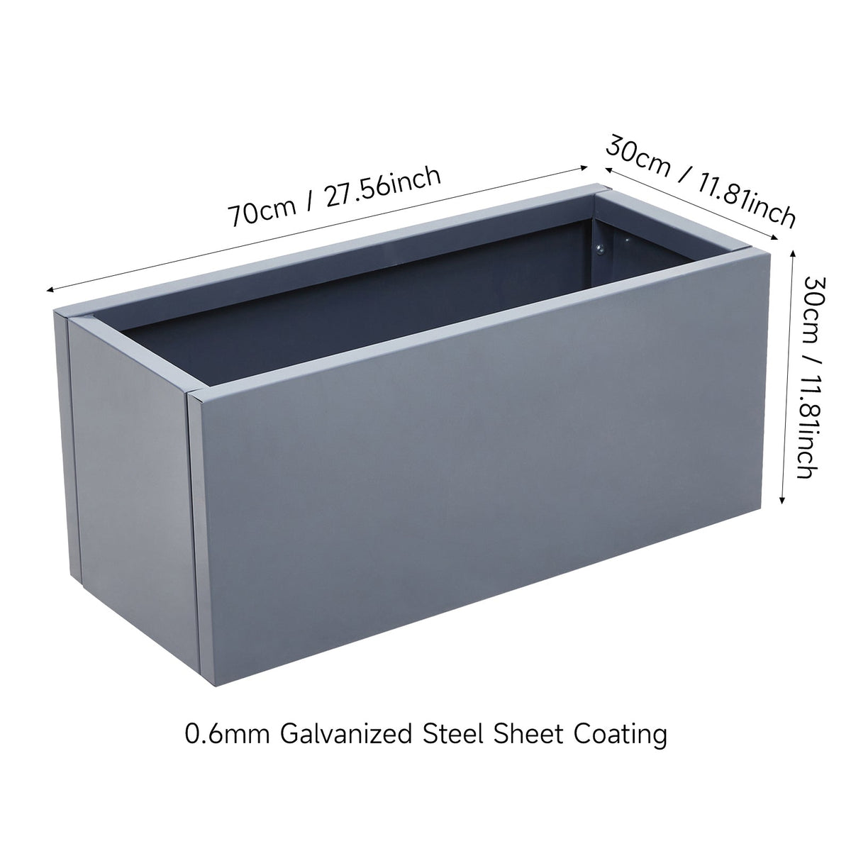 Grey steel planter on white, marked 70 cm long, 30 cm wide and 30 cm high
