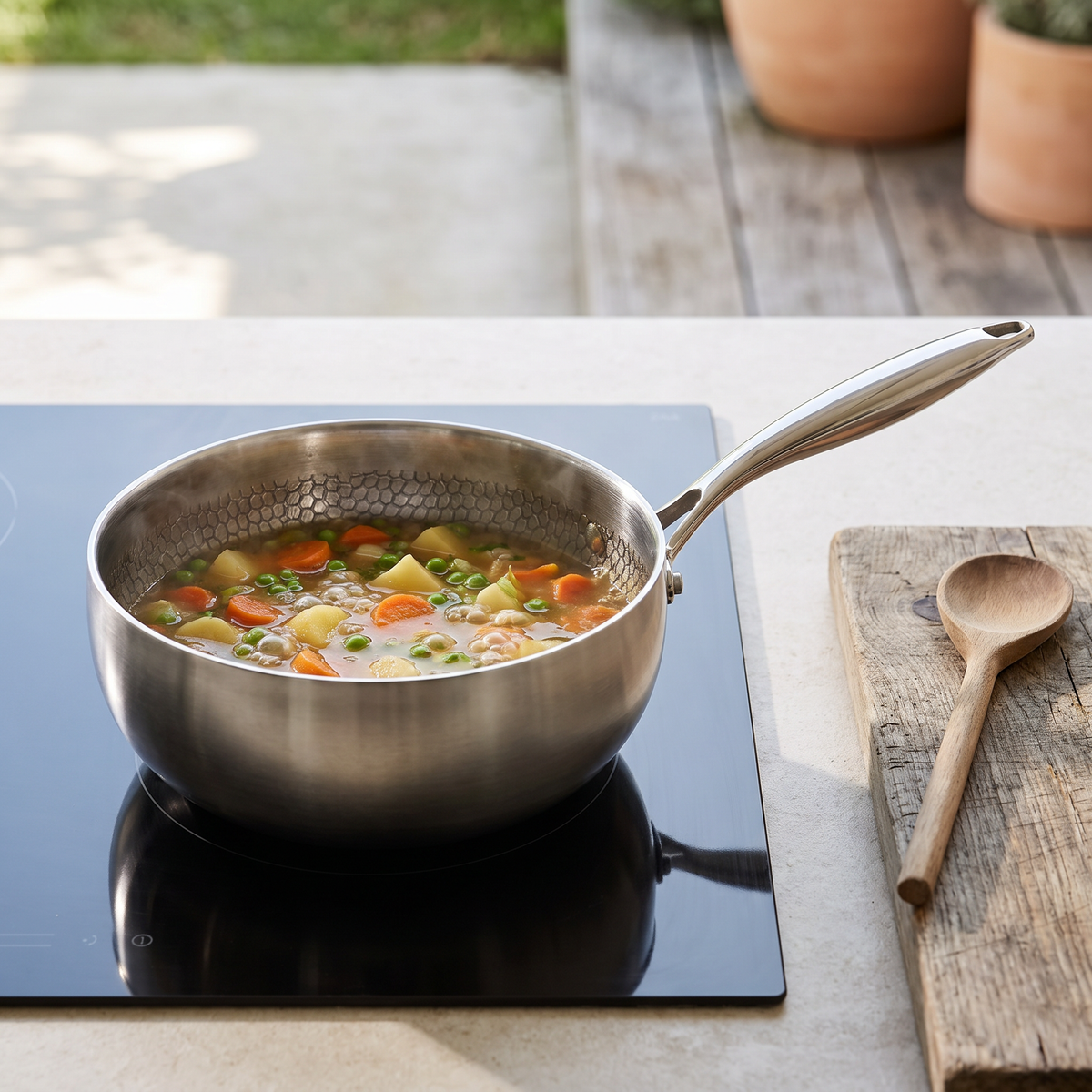 Saute pan simmering a broth of carrots, peas and potato cubes on a black glass induction hob, a wooden spoon resting on a weathered board to the right and terracotta pots blurred behind.